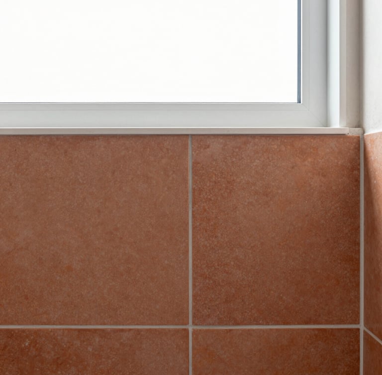 Crisp architectural detail of a modern bathroom, straight-on shot of immaculate terracotta tiling joints, bright natural window light, sharp focus, 35mm lens.