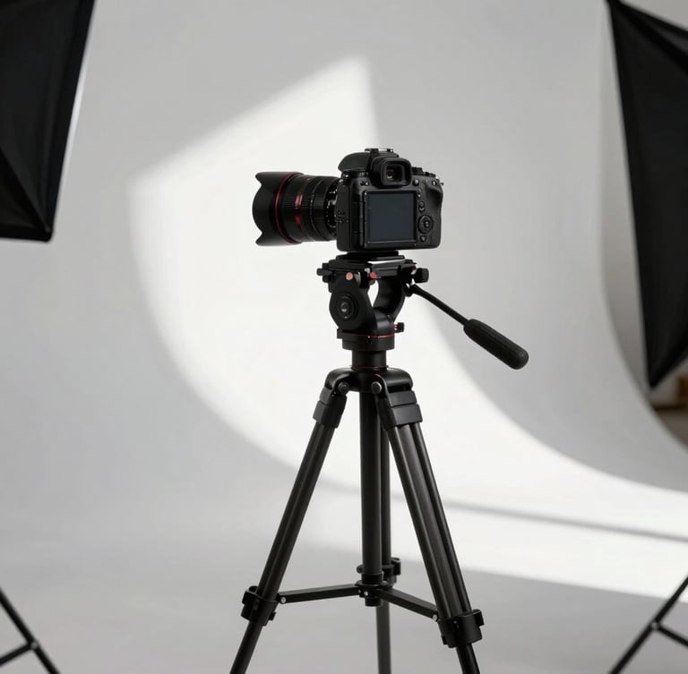 Behind-the-scenes of a professional product photoshoot in a bright studio, high-contrast daylight casting deep shadows, a high-end camera on a tripod focused on styled cosmetics, minimalist background.