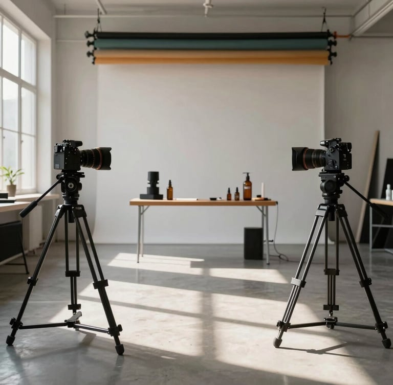 Wide environmental shot of a modern photography studio, soft directional daylight casting deep shadows, professional cameras on tripods, elegant product styling setup in the background.