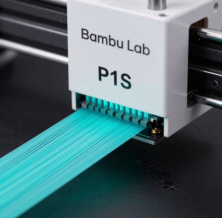 Macro shot of a Bambu Lab P1S print head extruding glowing turquoise PLA filament with micro-precision layer lines, dark technical background, sharp focus, cool studio lighting.