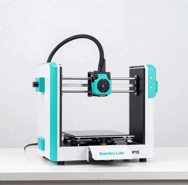 Side profile of a modern Bambu Lab P1S 3D printer operating in a pristine, minimalist workshop, bright clean studio lighting, turquoise accents visible.
