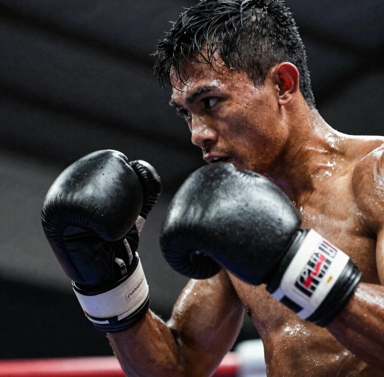 Dynamic close-up of a South Sulawesi kickboxer mid-strike under dramatic low-key spotlight, sweat flying, intense focus