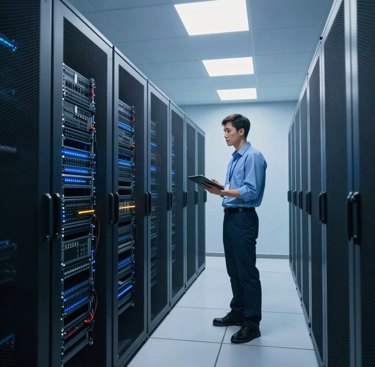 Cinematic wide shot of a clean, high-tech server room with cool blue lighting, an engineer holding a tablet looking at a server rack, sharp focus, 35mm.