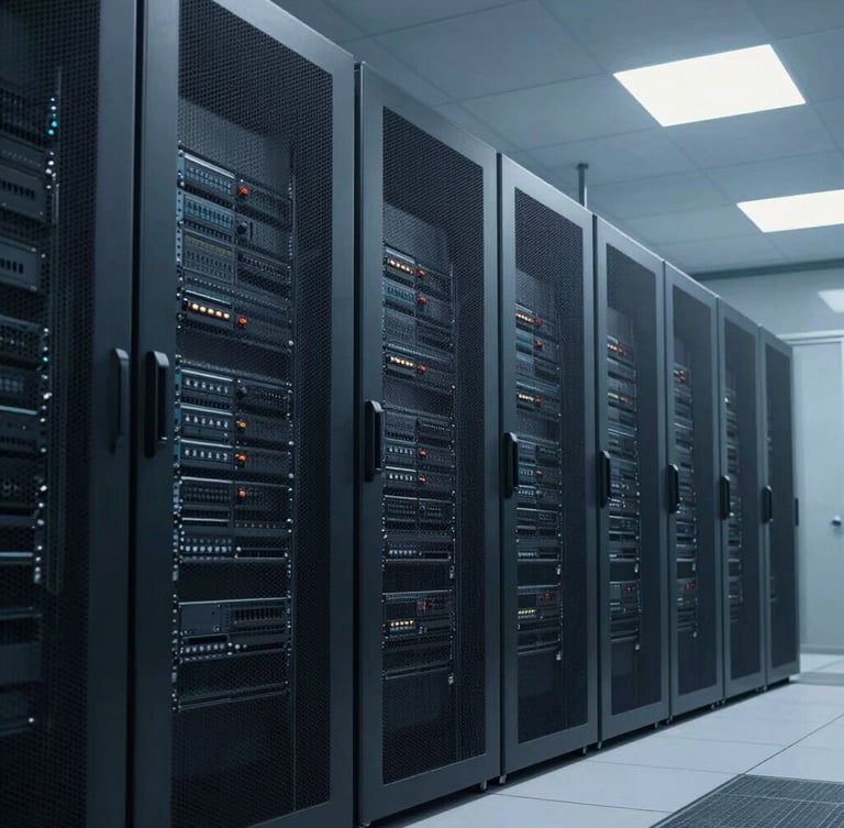 Cinematic wide shot of a modern corporate server room, cool crisp architectural lighting, deep graphite tones, sharp focus, 35mm.