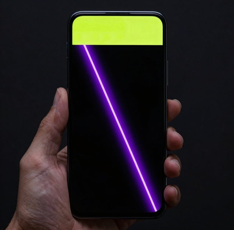 A close-up of a hand holding a modern Android phone displaying a minimalist physics-based game with vibrant neon violet trail lines, 35mm