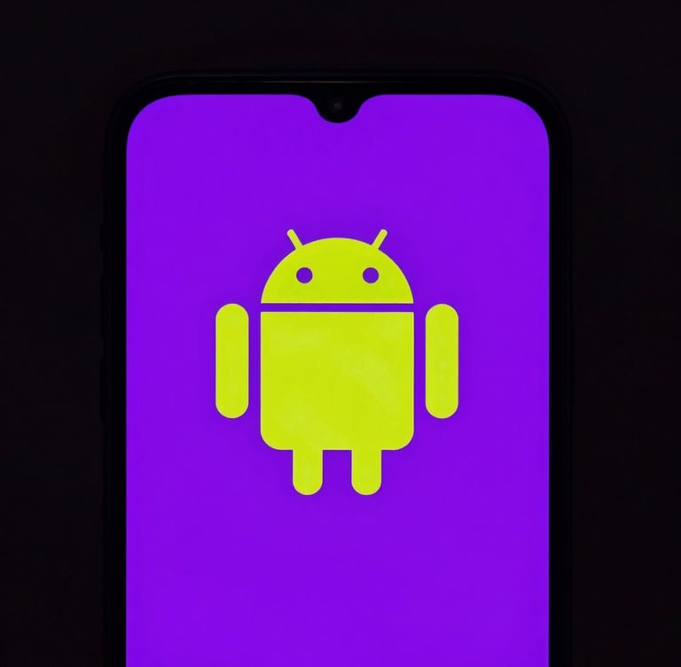 Macro shot of a physical Android device displaying a minimalist, high-contrast vector UI, neon violet ambient backlight reflecting off the glass screen, 35mm
