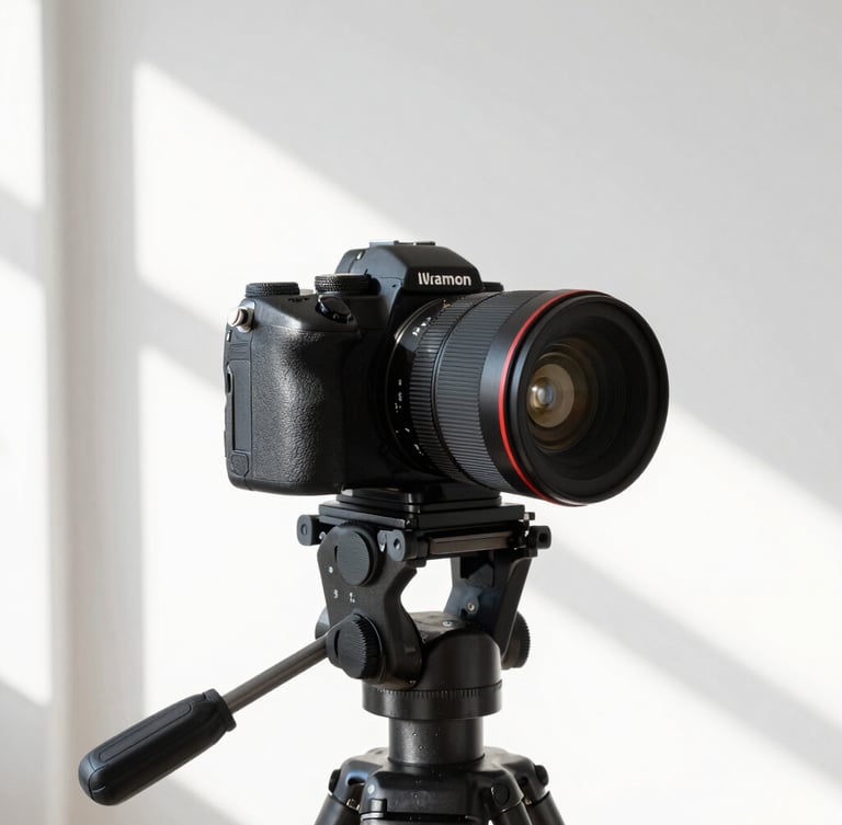 Close-up of a high-end camera setup on a tripod in a bright, white-walled photography studio, sunbeams casting soft shadows, 35mm lens, sharp focus.