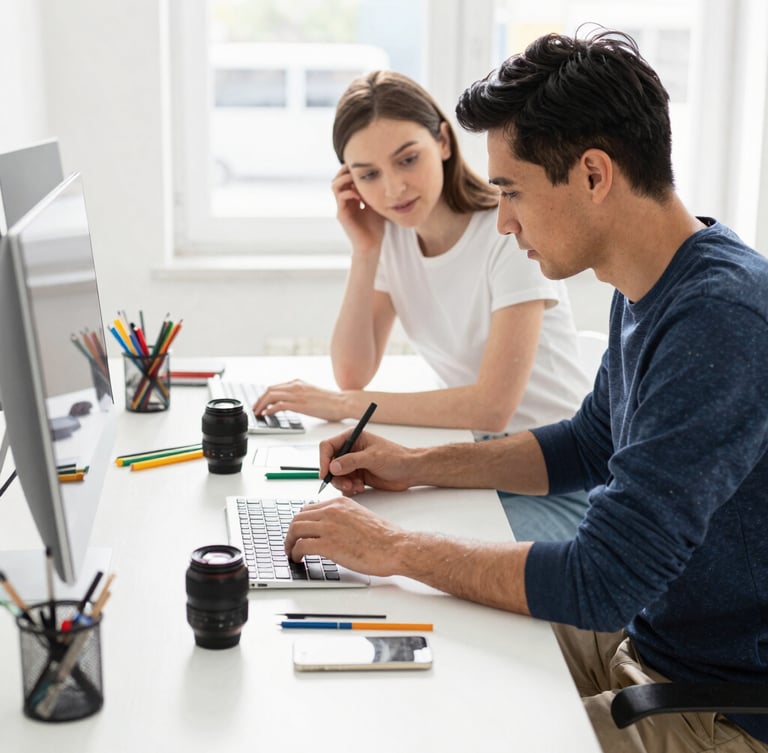 A bright, sunlit creative workspace with high-key natural daylight, showing two designers collaborating over a clean white desk with design tools, 35mm lens, sharp focus.