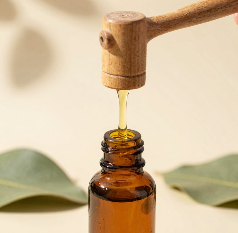 Golden herbal oil slowly dripping from a traditional wooden press into a dark amber glass bottle, warm morning light, macro photography, 35mm