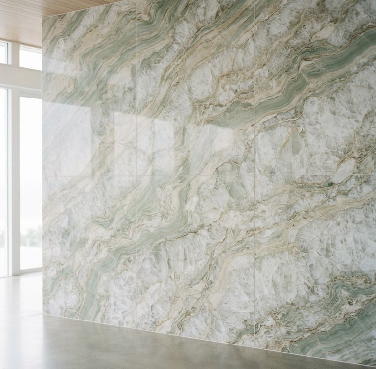 editorial architectural photography of a large-format quartzite slab with soft green and sand veins, bright natural coastal daylight, 35mm