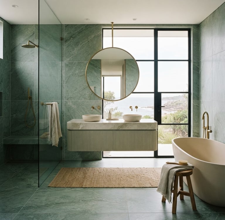 Architectural straight-on view of a luxury coastal bathroom with large-format sea-moss green stone slabs, perfectly aligned grout lines, bright natural daylight, 35mm
