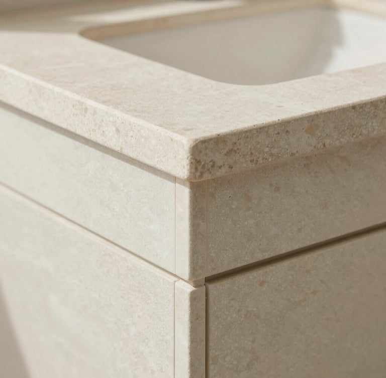 Extreme close-up architectural photograph of a perfectly executed mitered edge joint on a premium stone vanity, bright natural coastal daylight, pale sage tones, crisp detail
