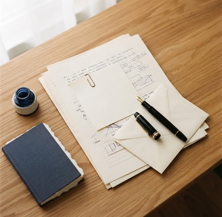 Overhead flat lay of organized paper documents, a classic fountain pen, and a clean wooden desk under soft natural window light, 35mm photography