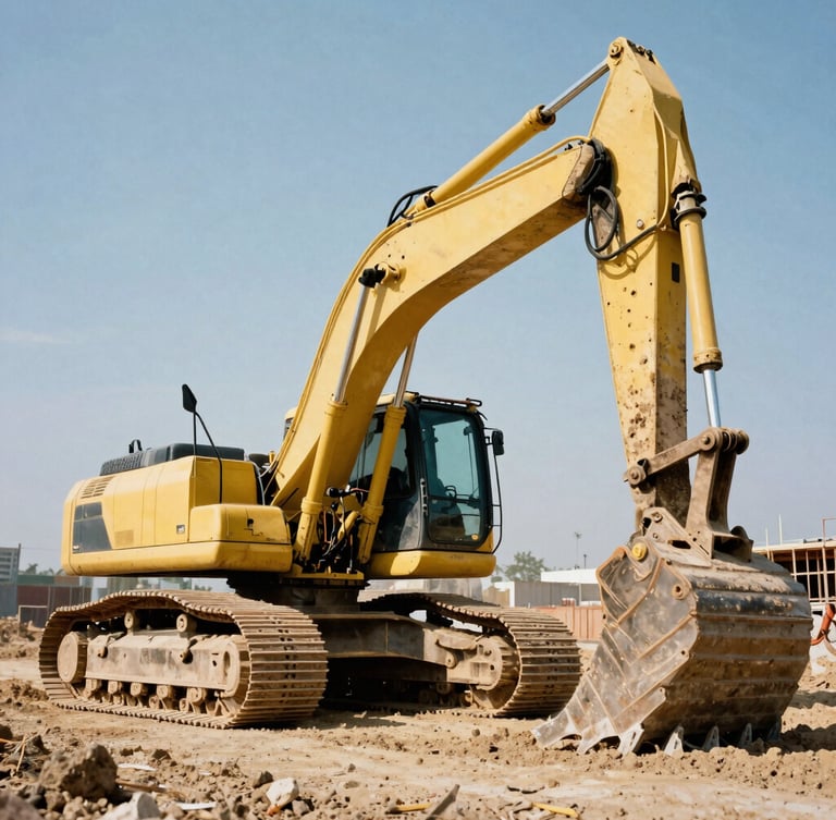 Low-angle heroic shot of a massive yellow crawler excavator digging in a dusty construction site, high-contrast natural sunlight, 35mm film grain