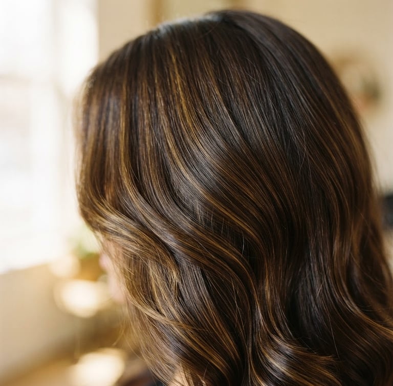 Close-up of a client's hair, showcasing rich texture and shine, styled with precision, warm diffused window light, soft-focus background, 35mm.