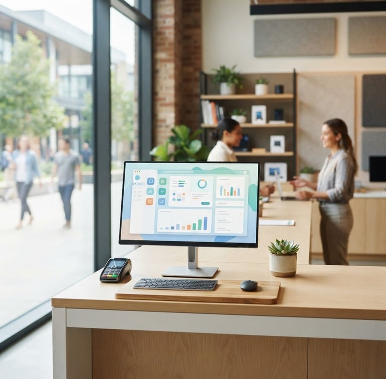 Bright professional photography of a modern computer terminal with clean digital screens, natural daylight through a window, welcoming digital service hub, 35mm