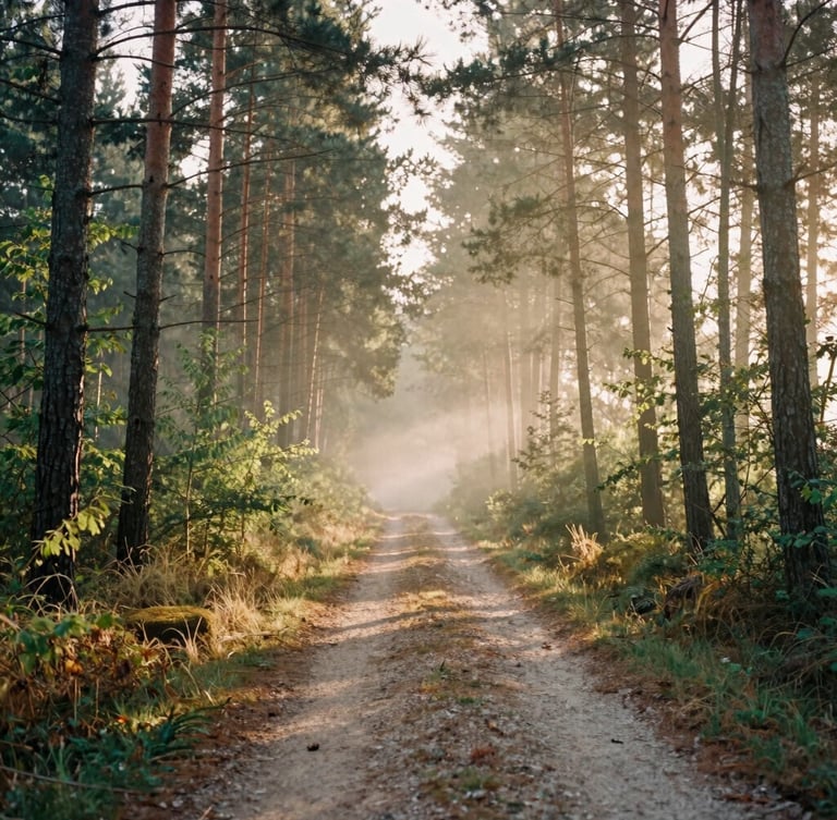A quiet forest path in Sologne at sunrise, golden light piercing through the morning mist and tall pine trees, soft natural colors.
