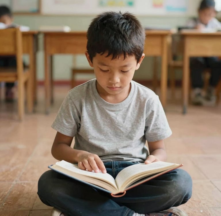 Portrait of a young child intensely focused on a book, sitting on a classroom floor, warm natural daylight, candid, documentary style, 35mm lens.