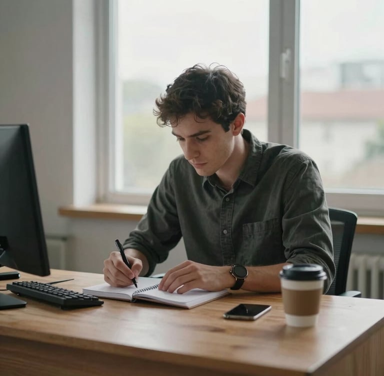 An environmental portrait of a journalist working at a clean wooden desk, a notebook and a coffee cup, natural morning light filtering through a window, desaturated documentary style.