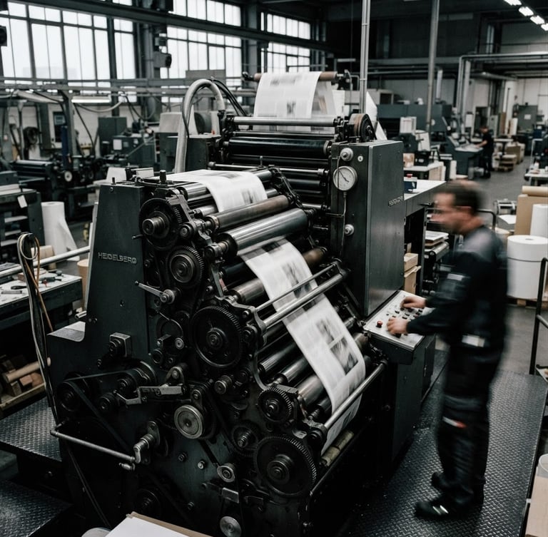 A sharp 35mm documentary photograph of a modern printing press in motion, high-contrast black and ink tones, natural overcast light, Swiss-minimalist editorial style.