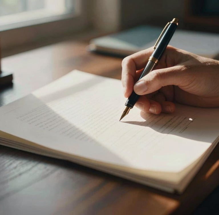 Close-up of hands holding a fountain pen over textured paper documents on a dark wooden desk, warm afternoon sunlight casting soft shadows, shallow depth of field, 35mm