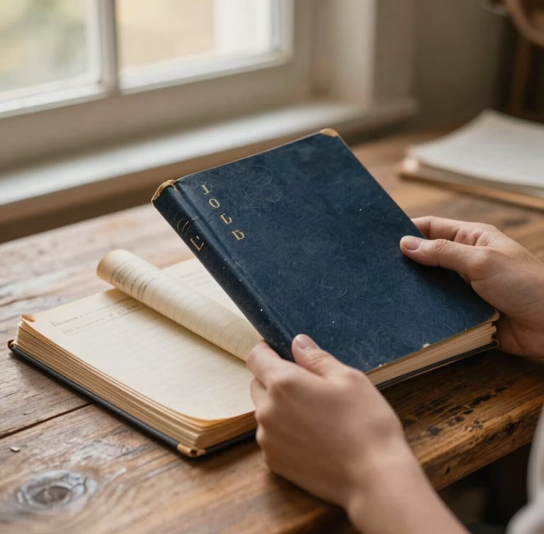 Close-up of hands holding old work record books over a rustic wooden table, warm golden hour light coming from a window, shallow depth of field, 35mm