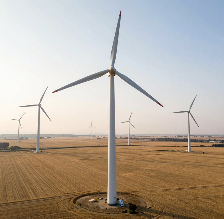 Wide-angle aerial shot of massive modern wind turbines standing in a golden wheat field during sunrise, high contrast, clean industrial lines, overcast morning light.