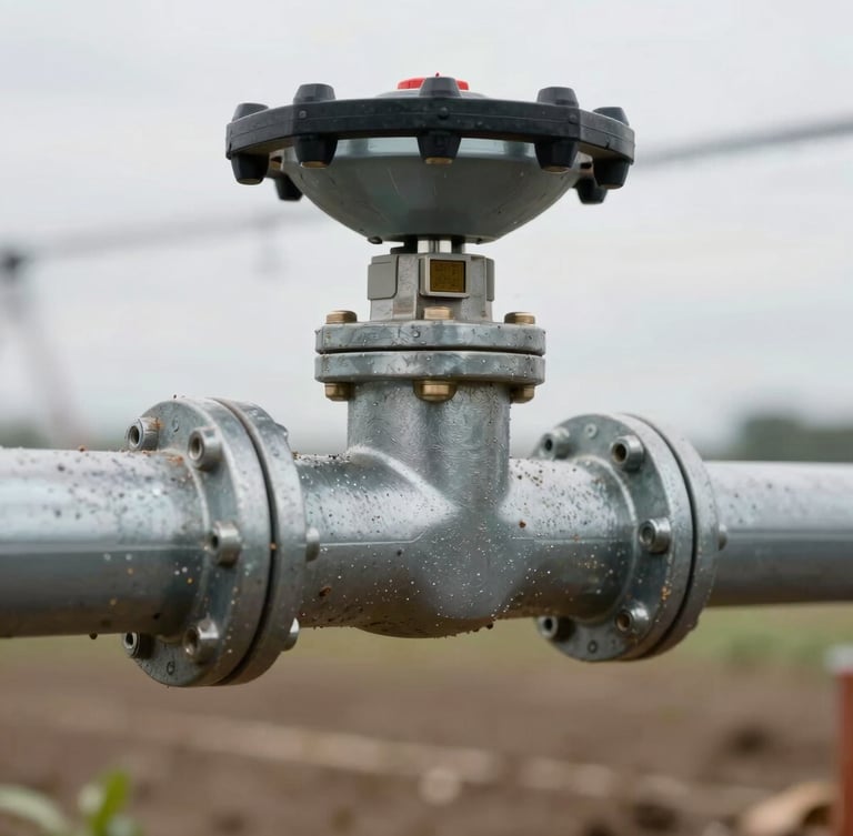 Close-up macro shot of a modern agricultural irrigation control system integrated with a rugged steel pipe, natural overcast light, focus on textures of metal and soil.