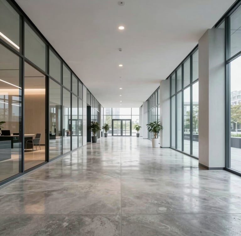 Wide-angle architectural shot of a bright modern corporate lobby, clean polished concrete floor reflecting soft diffuse light, minimal glass partitions.