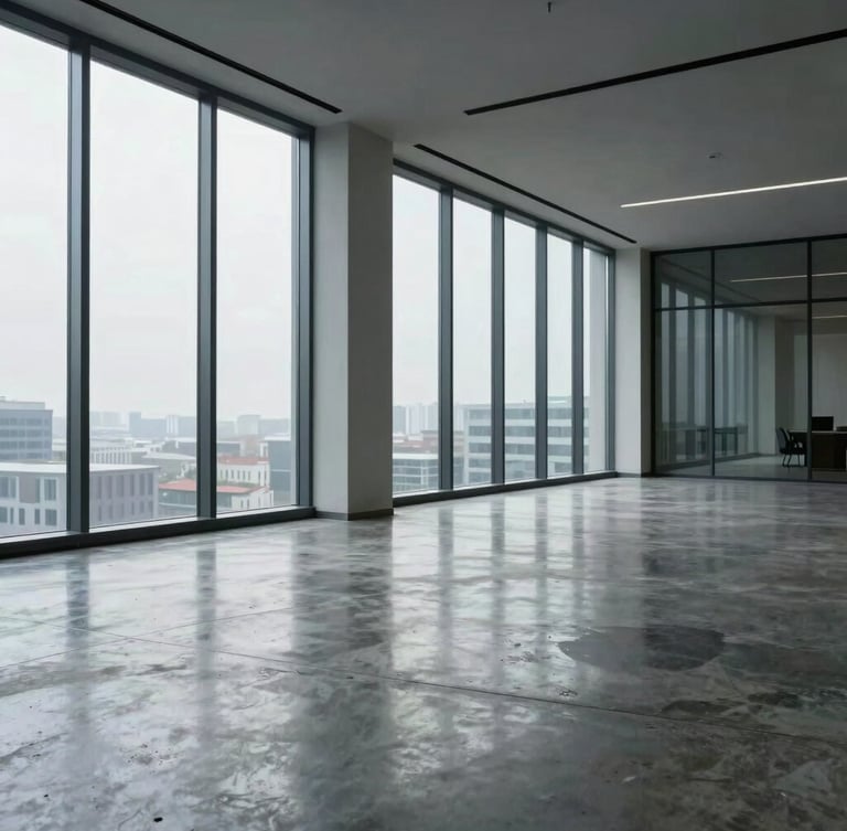 Wide shot of a modern, empty corporate office with floor-to-ceiling windows, cold natural light reflecting on a polished concrete floor, minimalist architecture.