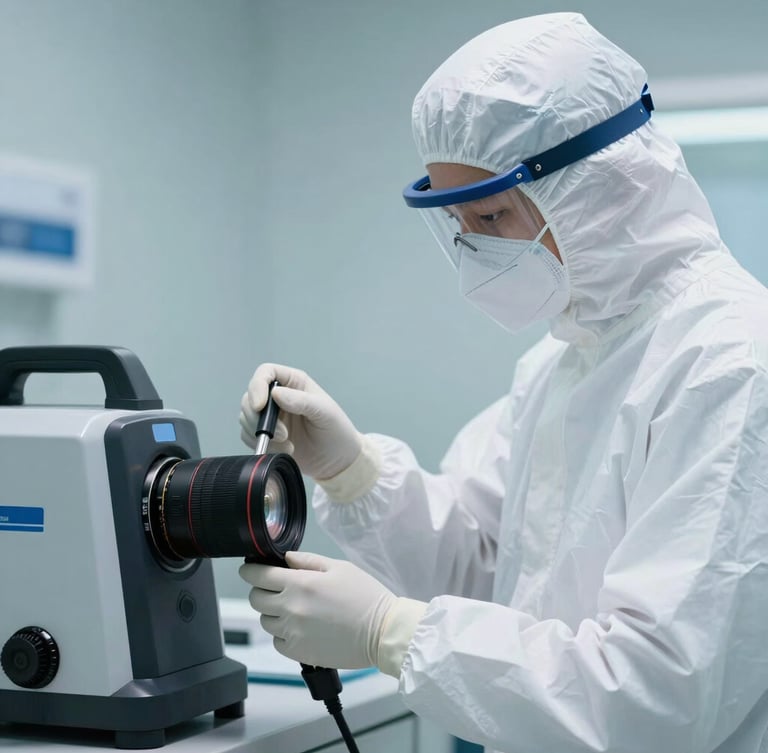 Close-up of a professional sanitization technician in a clean white uniform operating high-tech disinfection equipment, soft blue clinical light, focused composition.