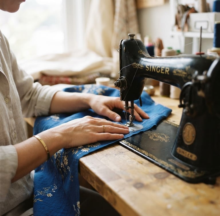 Warm editorial photography of hands carefully guiding fabric through a vintage sewing machine, bright natural daylight, shallow depth of field, 35mm