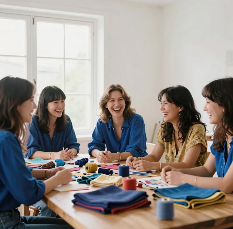 Candid portrait of women laughing together around a large wooden worktable covered in colorful textiles and thread, soft natural window light, 35mm