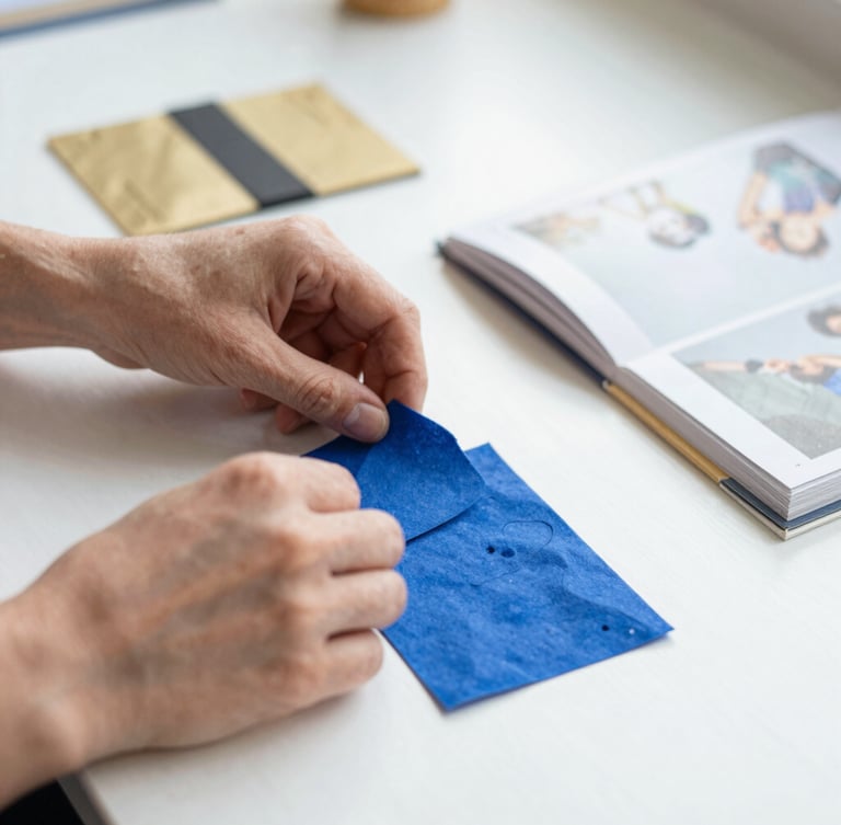 Close-up of hands arranging tactile sewing materials and high-quality printed books on a clean white workspace, soft morning light, shallow depth of field, 35mm