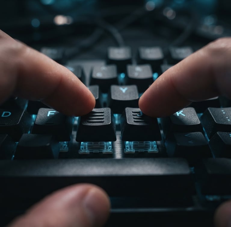 Extreme close-up macro shot of mechanical keyboard switches, fingers gently resting on the F and J home-row tactile bumps, low-key studio lighting with a subtle neon blue accent glow reflecting off the keycaps, shallow depth of field.