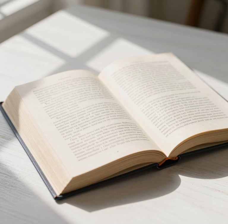 Close-up of an open linen-bound book on a white oak table, soft side-lighting from a window, peaceful shadow patterns