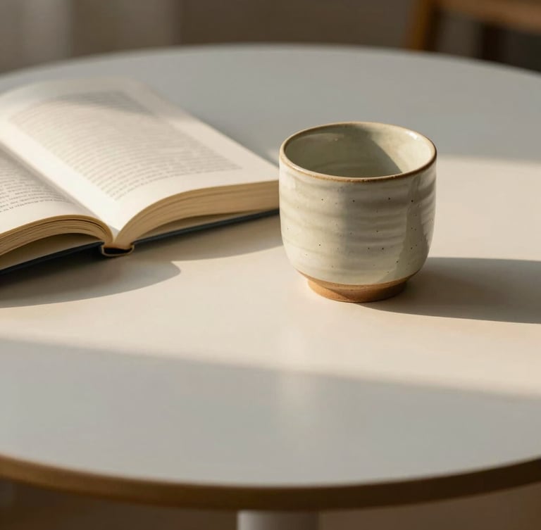 Close-up of a white oak table with an open book and a handmade ceramic cup, soft late afternoon golden hour light, gentle shadows, quiet and tactile atmosphere.