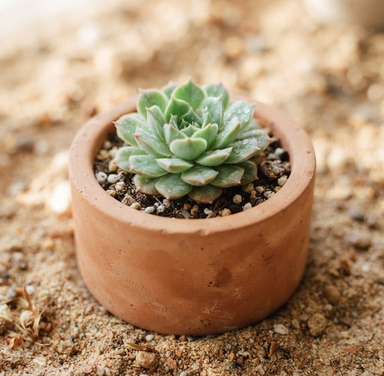 Macro shot of a smooth terracotta concrete planter containing a delicate green succulent, soft morning window light casting gentle shadows on a warm sand surface, shallow depth of field