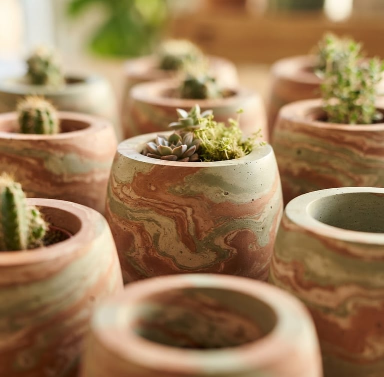 Macro shot of hand-cast concrete planters with swirling terracotta and sage green mineral pigments, warm morning light, soft shadows, sharp focus on flawless silky texture