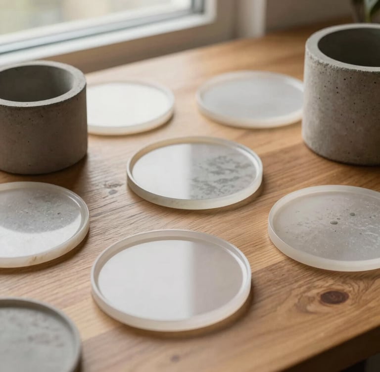 Overhead flatlay of modern acrylic resin coasters and concrete planters styled on a wooden desk with soft natural window light, warm editorial photography