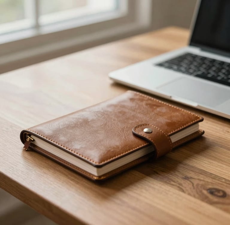 Close-up of a premium leather planner and a sleek laptop on a sunlit wooden desk, soft natural window light, warm editorial aesthetic