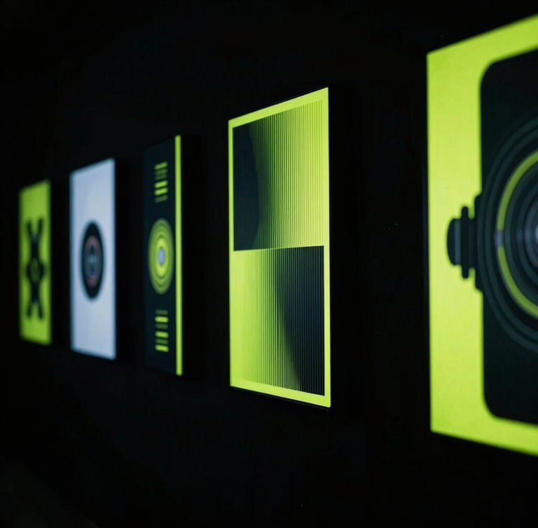 A dramatic vertical portrait of a modern media installation, sleek digital screens displaying high-contrast generative art, deep obsidian background, neon-lime highlights, cinematic lighting