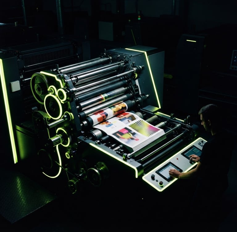 Cinematic editorial photography of a modern high-end magazine printing press, dramatic high-contrast lighting, deep obsidian background, sharp neon-lime highlights, 35mm