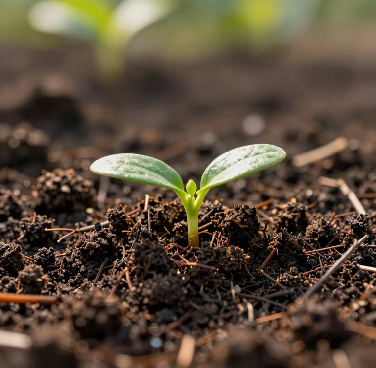 Close-up of rich dark soil enriched with organic vermicompost, a small green sprout emerging, warm morning sunlight, macro photography, 35mm