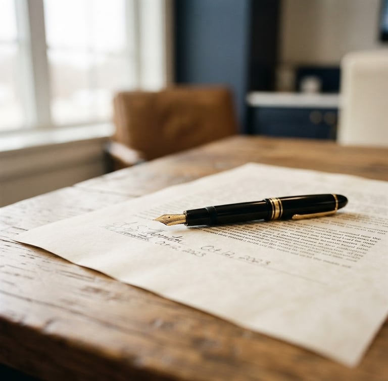 A warm editorial close-up of a fountain pen resting on a signed legal document, soft window light, shallow depth of field, 35mm photography.