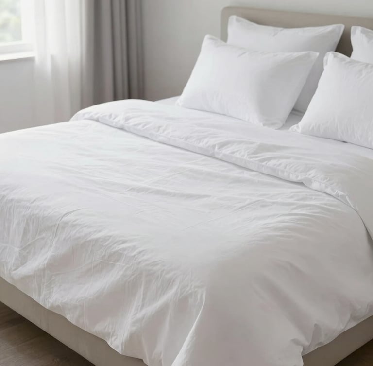 Bright, natural diffused daylight flooding a minimalist luxury bedroom, focusing on crisp, clean white linen sheets and a perfectly arranged bed, evoking purity and absolute cleanliness.