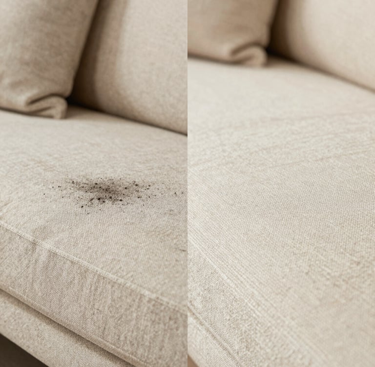 Macro split screen comparison of a premium beige sofa fabric, left side showing grey accumulated dust and right side showing clean, vibrant woven linen texture, bright diffused studio lighting.