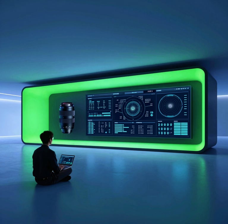 Modern office interior, sleek tech photography, cool blue studio lighting, sharp neon green accents, high-contrast editorial style, 35mm lens, a digital dashboard on a screen in the background, a person working on a laptop in the foreground, wide architectural office shot, low horizon