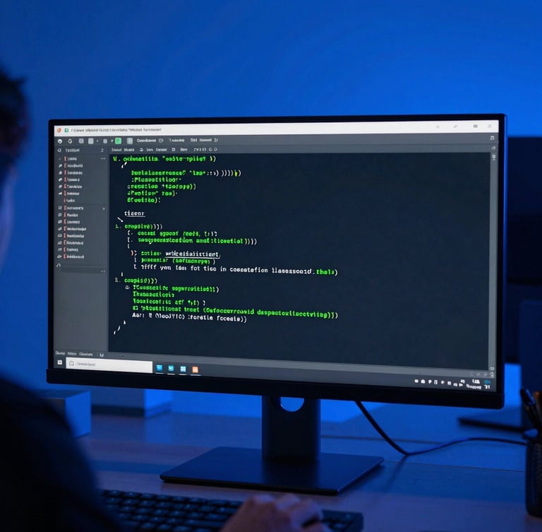Clean code on a monitor screen in a modern tech office, blue ambient lighting, sharp neon green accents, sleek tech photography, over-the-shoulder angle.
