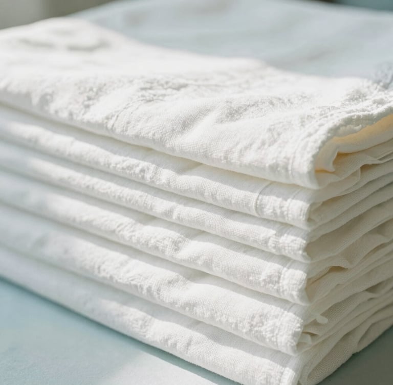 Close-up of neatly stacked, freshly folded white linen sheets under bright morning light, crisp textile textures, 35mm